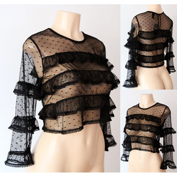 Last ☝️ Sheer Mesh Polka Dot Ruffle Crop Lace Top - Picture 5 of 8